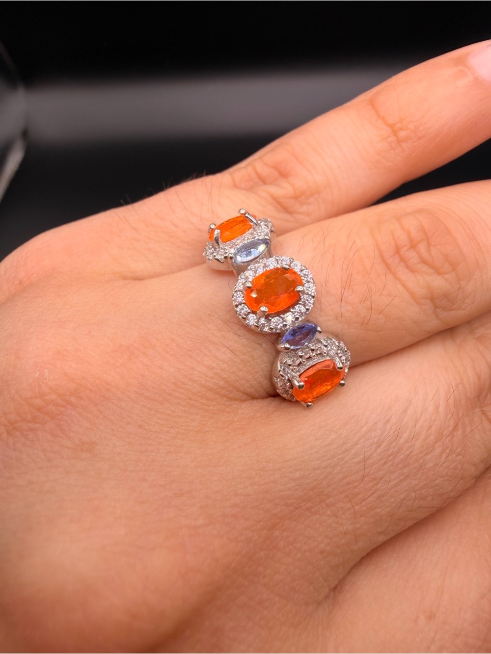 925 Sterling Silver Fire Opal Tanzanite & Moissanite Ring Size 9. - Picture 3 of 11